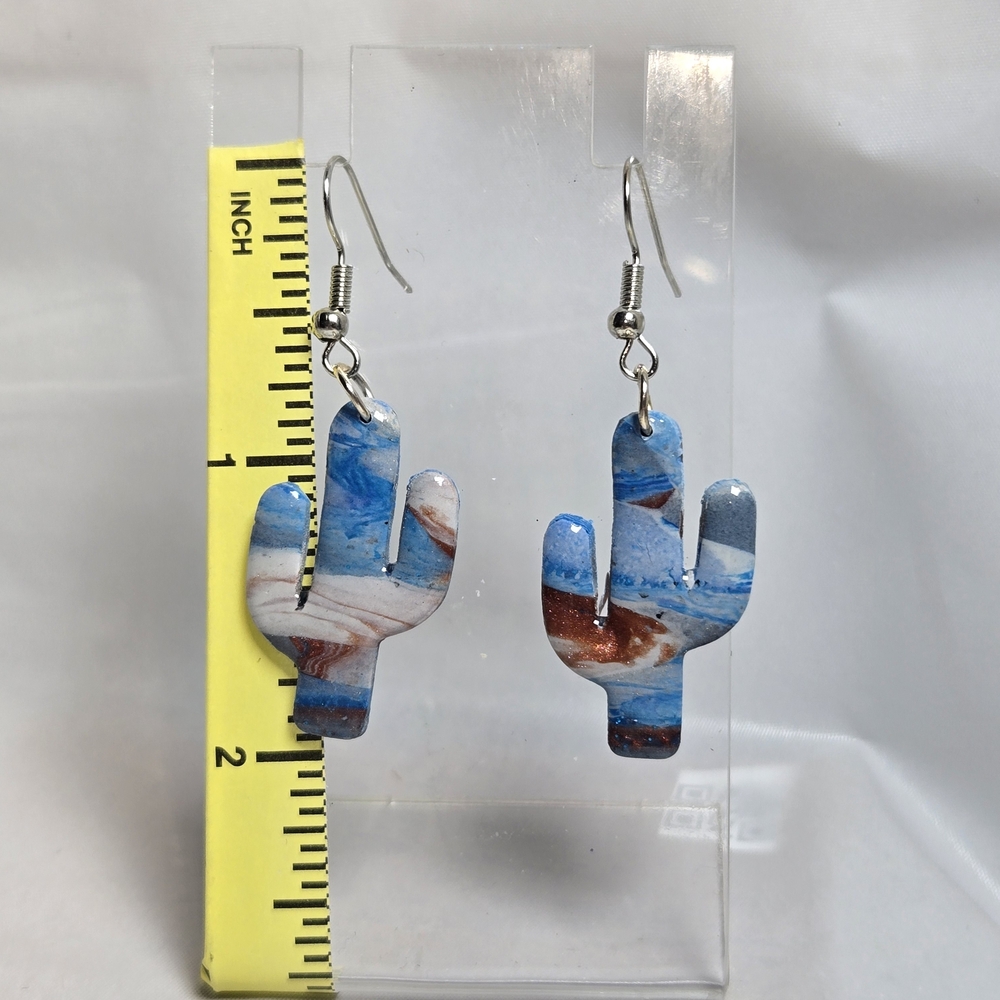 #171- Artistic Cactus Earrings in Blue and Brown